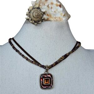 Kenneth Cole Artisan Beaded Necklace & Enamel Square Pendant Amber Glass Center